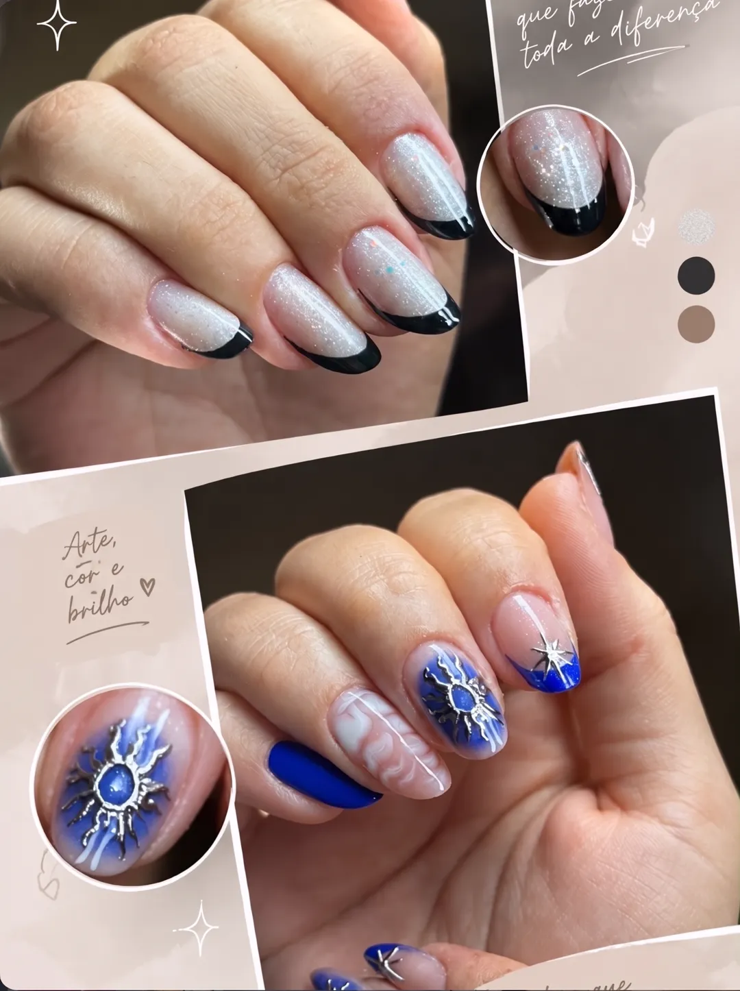Montagem com fotos de unhas: francesinha preta com glitter e nail art azul com sol prateado